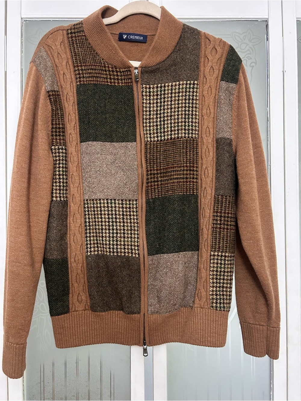 Cremieux merino wool Men's Patchwork Zip-Front Sweater - Camel/Olive large full